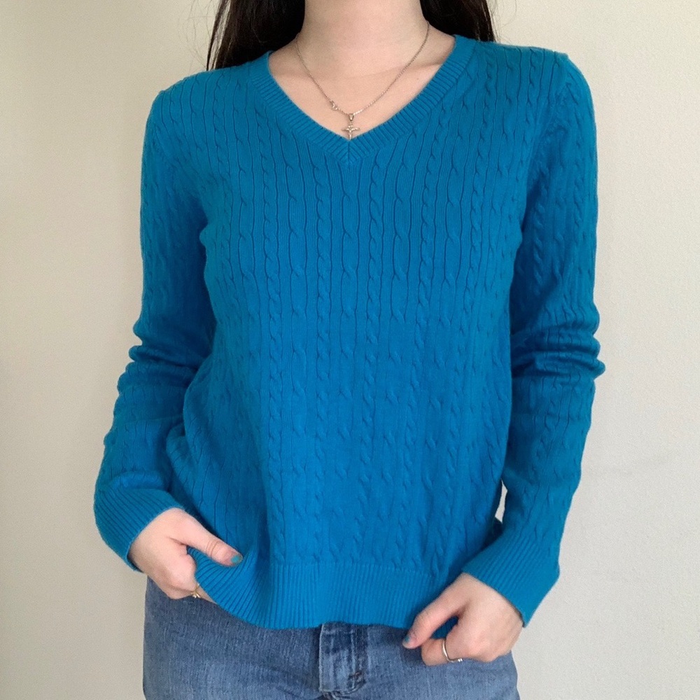 Charter Club Bright Blue V-Neck Cableknit Sweater
